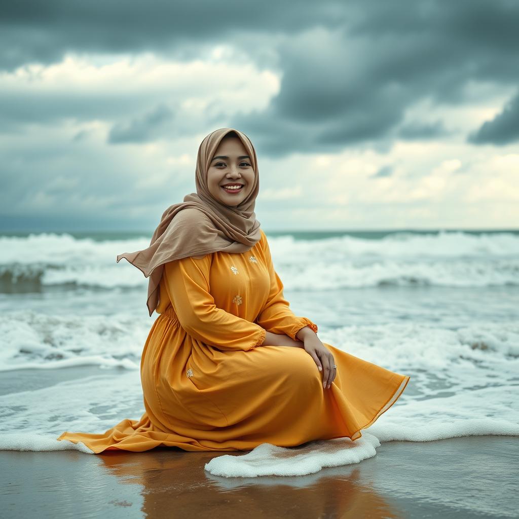Ultra-realistic and cinematic close-up of a beautiful woman in a hijab, kneeling on the beach with waves crashing around her