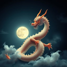 An elegant Chinese dragon elegantly coiled and poised against a backdrop of a luminous moonlit night