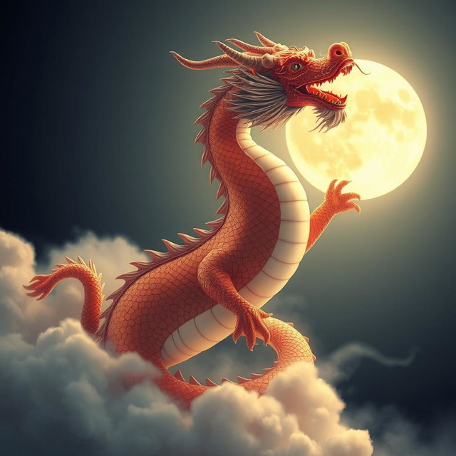 An elegant Chinese dragon elegantly coiled and poised against a backdrop of a luminous moonlit night