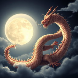 An elegant Chinese dragon elegantly coiled and poised against a backdrop of a luminous moonlit night