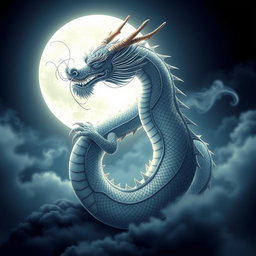 An elegant Chinese dragon elegantly coiled and poised against a backdrop of a luminous moonlit night