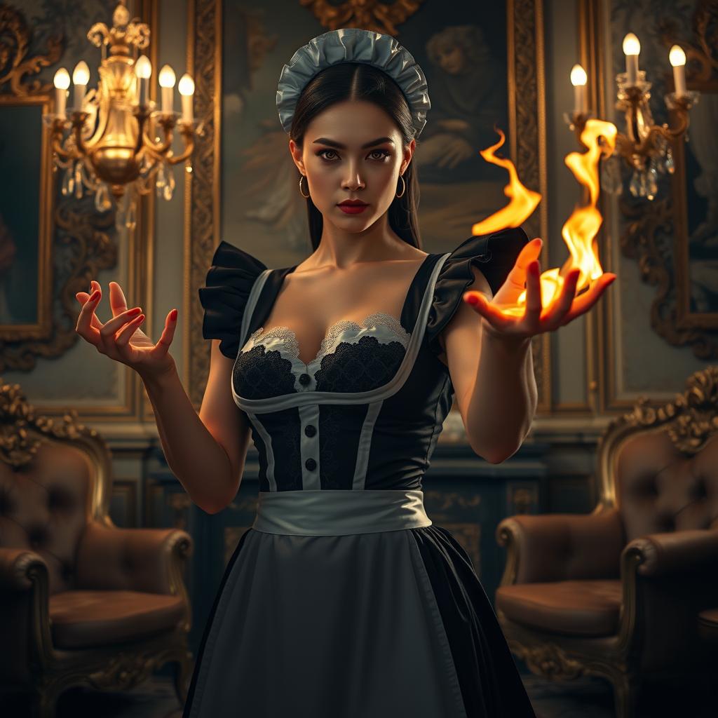 A stunning and dramatic scene depicting the moment of revenge as a maid unleashes her hidden power