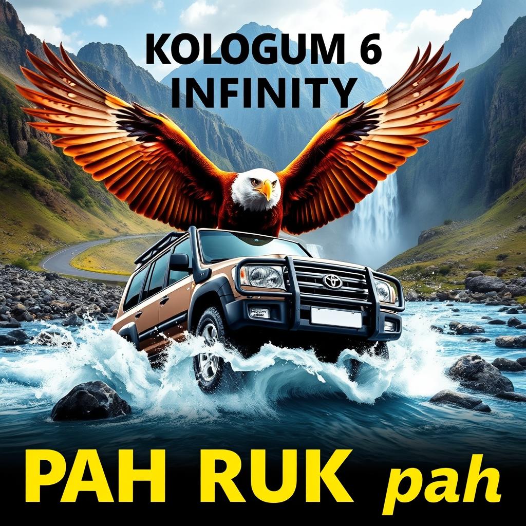 A majestic eagle spreading its wings in flight over a rugged Toyota Land Cruiser 4x4, situated prominently as it crosses a river with a dramatic splash of water