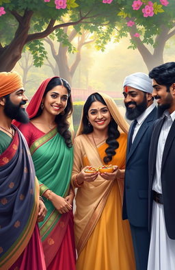 A beautiful digital painting depicting people of different faiths – Hindu, Muslim, and Christian – coming together in harmony