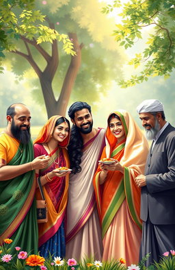 A beautiful digital painting depicting people of different faiths – Hindu, Muslim, and Christian – coming together in harmony
