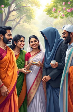 A beautiful digital painting depicting people of different faiths – Hindu, Muslim, and Christian – coming together in harmony