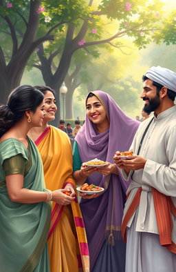 A beautiful digital painting depicting people of different faiths – Hindu, Muslim, and Christian – coming together in harmony