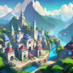 The vibrant, glowing city of Demacia from the League of Legends universe. Majestic, white stone buildings with blue-tiled rooftops, surrounded by lush greenery and set against the backdrop of towering mountains.