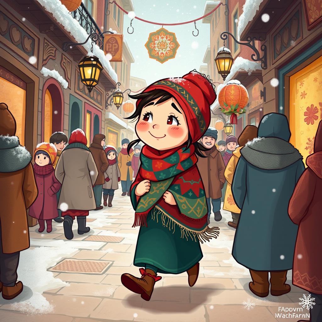 A whimsical illustration of Naneh Saramal, a traditional Persian character associated with winter, wandering through a bustling street