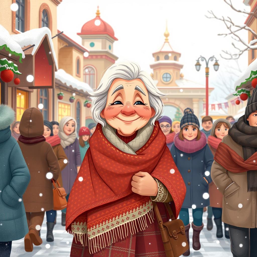 A whimsical illustration of Naneh Saramal, an elderly woman representing the spirit of winter, wandering through a busy street