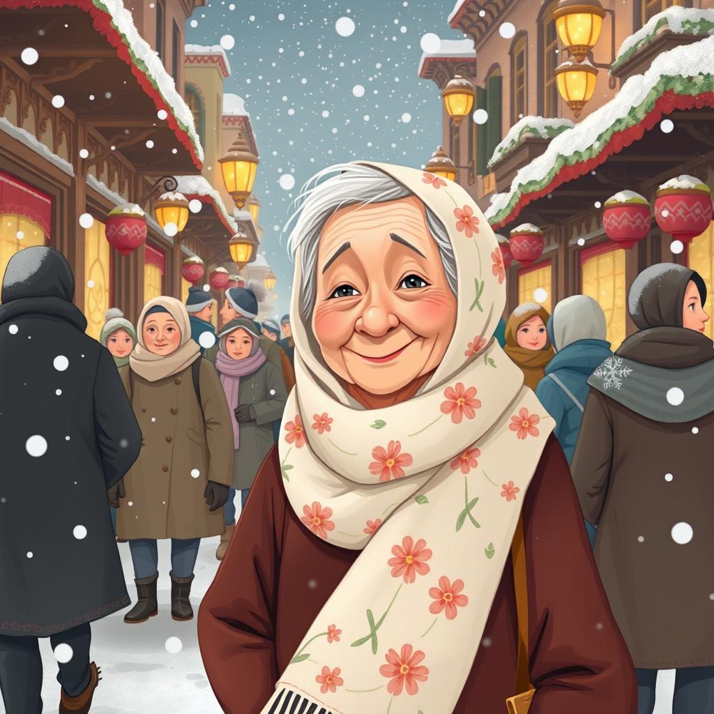 A whimsical illustration of Naneh Saramal, an elderly woman embodying the spirit of winter, wearing a white floral scarf and traditional winter clothing