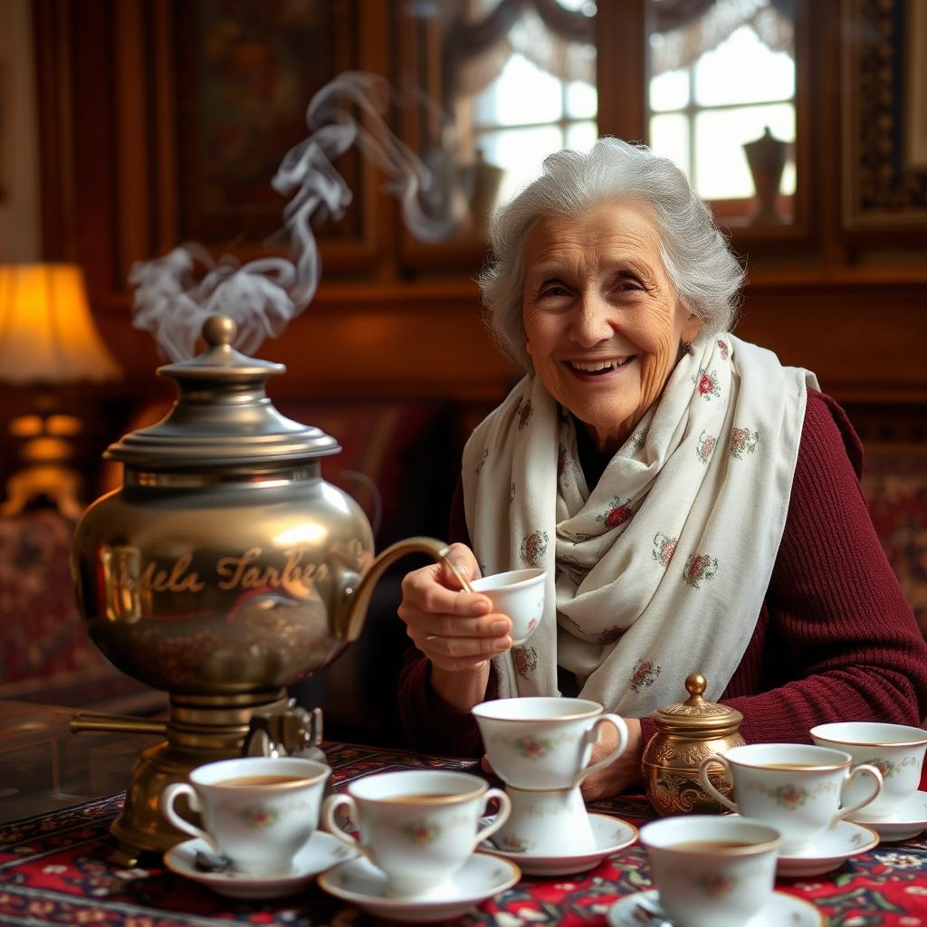 An elderly woman, known as Nene Sarma, wearing a white floral scarf, is sitting beside a traditional samovar