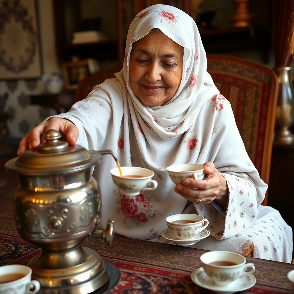 An elderly woman, known as Nene Sarma, wearing a white floral hijab, is sitting beside a traditional samovar