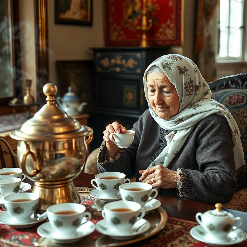 An elderly woman, known as Nene Sarma, with a white floral scarf on her head, is sitting beside a traditional samovar