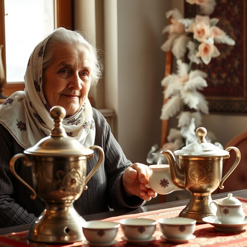 An elderly woman, known as Nanneh Sarmā, wearing a floral white scarf, is pouring tea beside a traditional samovar