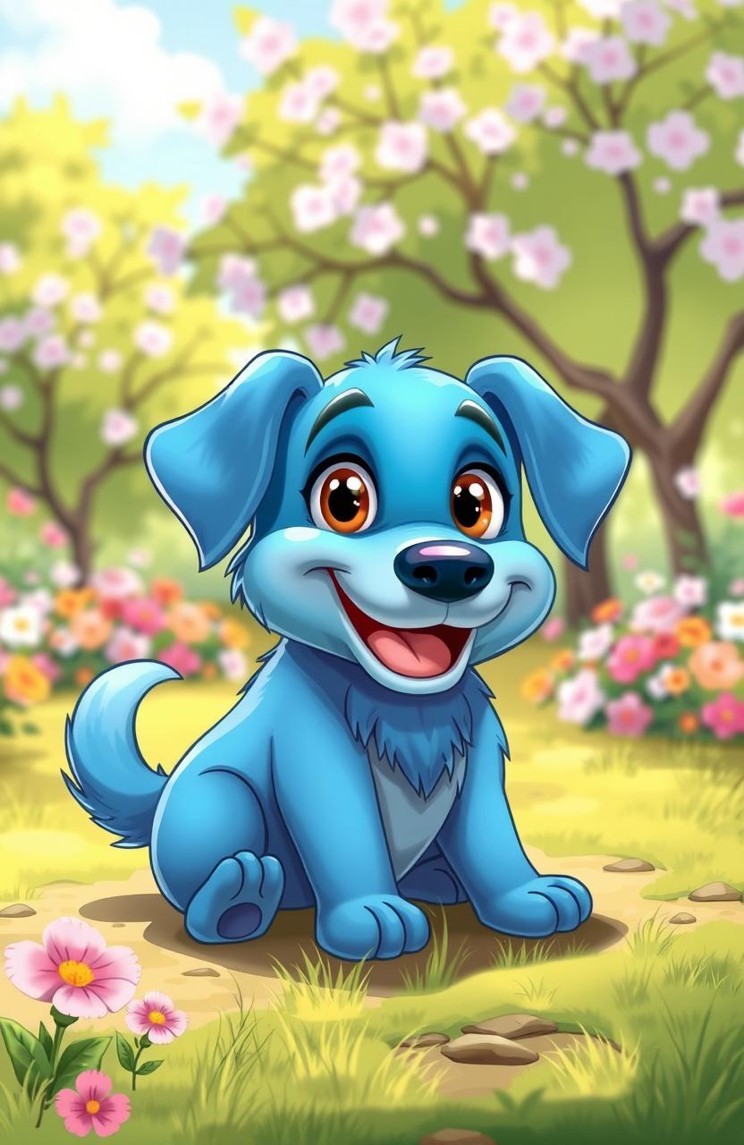 A blue dog with vibrant fur, sitting playfully in a sunny park
