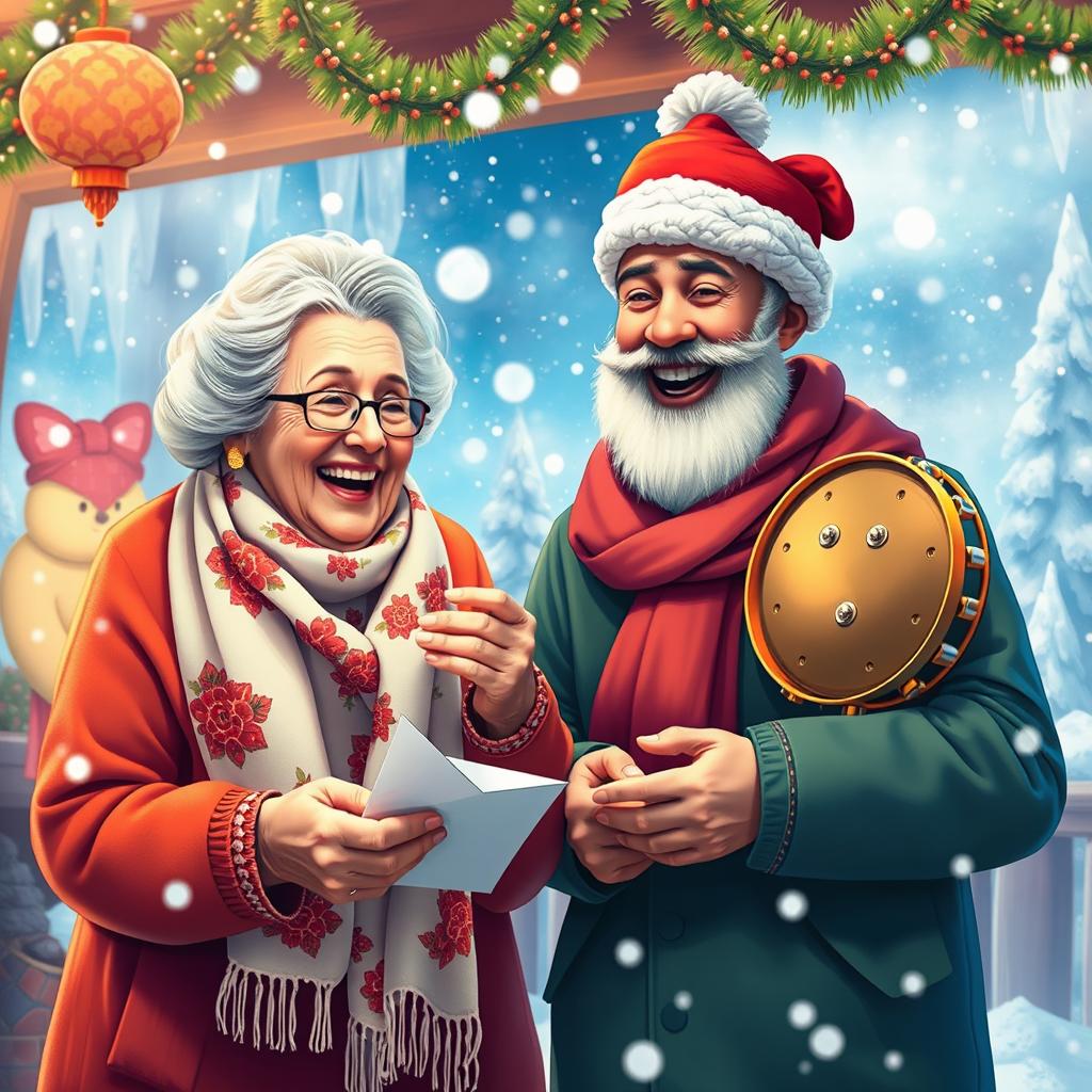 An elderly woman, resembling Grandma Winter, wearing a floral white scarf, is joyfully opening envelopes with a youthful man, resembling Haji Firouz, who is wearing a red hat and holding a jingling tambourine