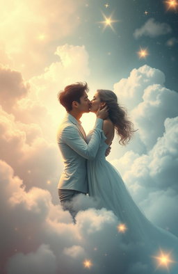 An ethereal dreamscape depicting a romantic bond between a man and a woman, surrounded by a surreal environment filled with drifting clouds and luminescent stars