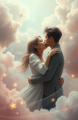 An ethereal dreamscape depicting a romantic bond between a man and a woman, surrounded by a surreal environment filled with drifting clouds and luminescent stars