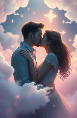 An ethereal dreamscape depicting a romantic bond between a man and a woman, surrounded by a surreal environment filled with drifting clouds and luminescent stars
