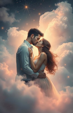 An ethereal dreamscape depicting a romantic bond between a man and a woman, surrounded by a surreal environment filled with drifting clouds and luminescent stars