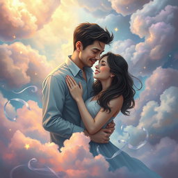 A surreal dreamlike scene illustrating the tragic romance between a man and a woman who are destined to love each other only in dreams
