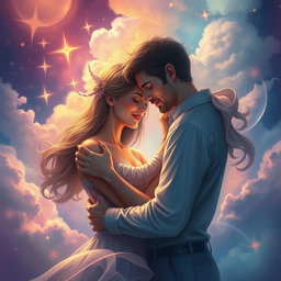 A surreal dreamlike scene illustrating the tragic romance between a man and a woman who are destined to love each other only in dreams