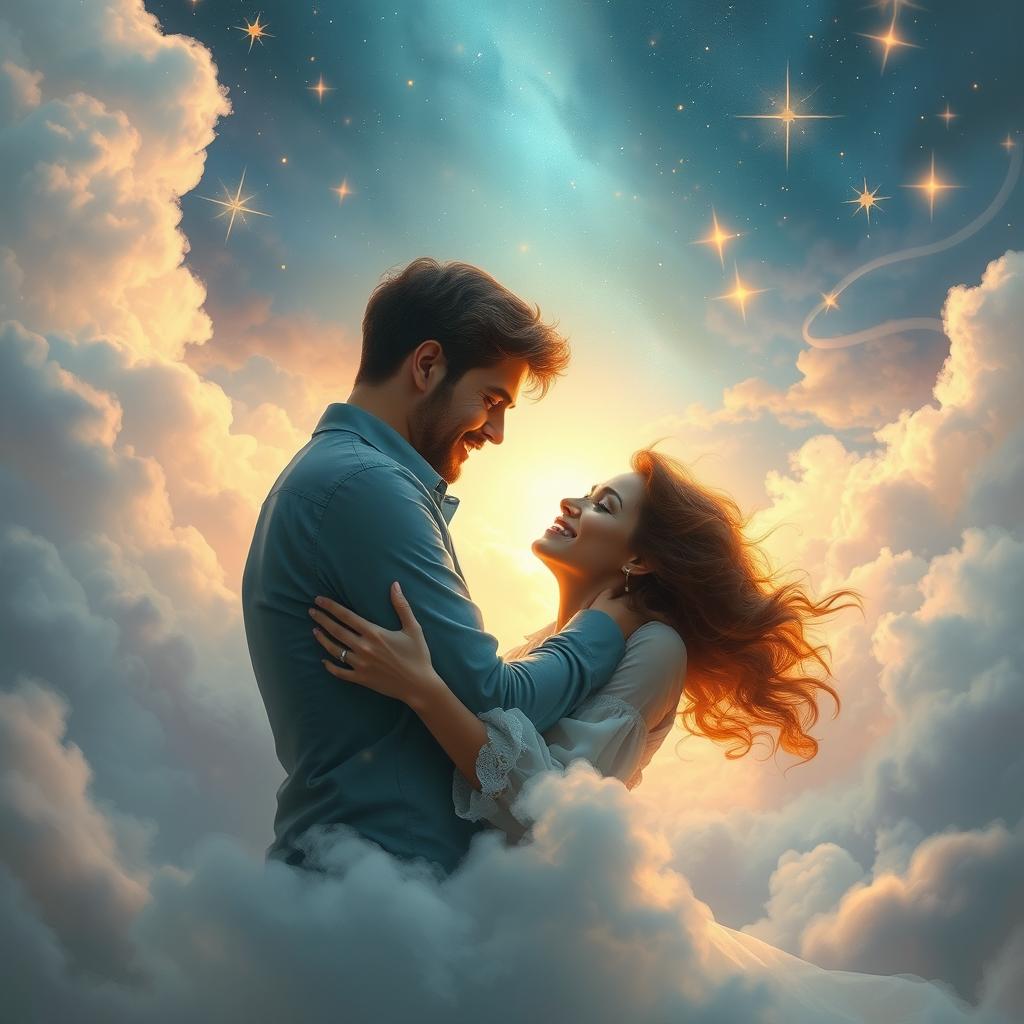 A surreal dreamlike scene illustrating the tragic romance between a man and a woman who are destined to love each other only in dreams