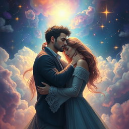 A surreal dreamlike scene illustrating the tragic romance between a man and a woman who are destined to love each other only in dreams