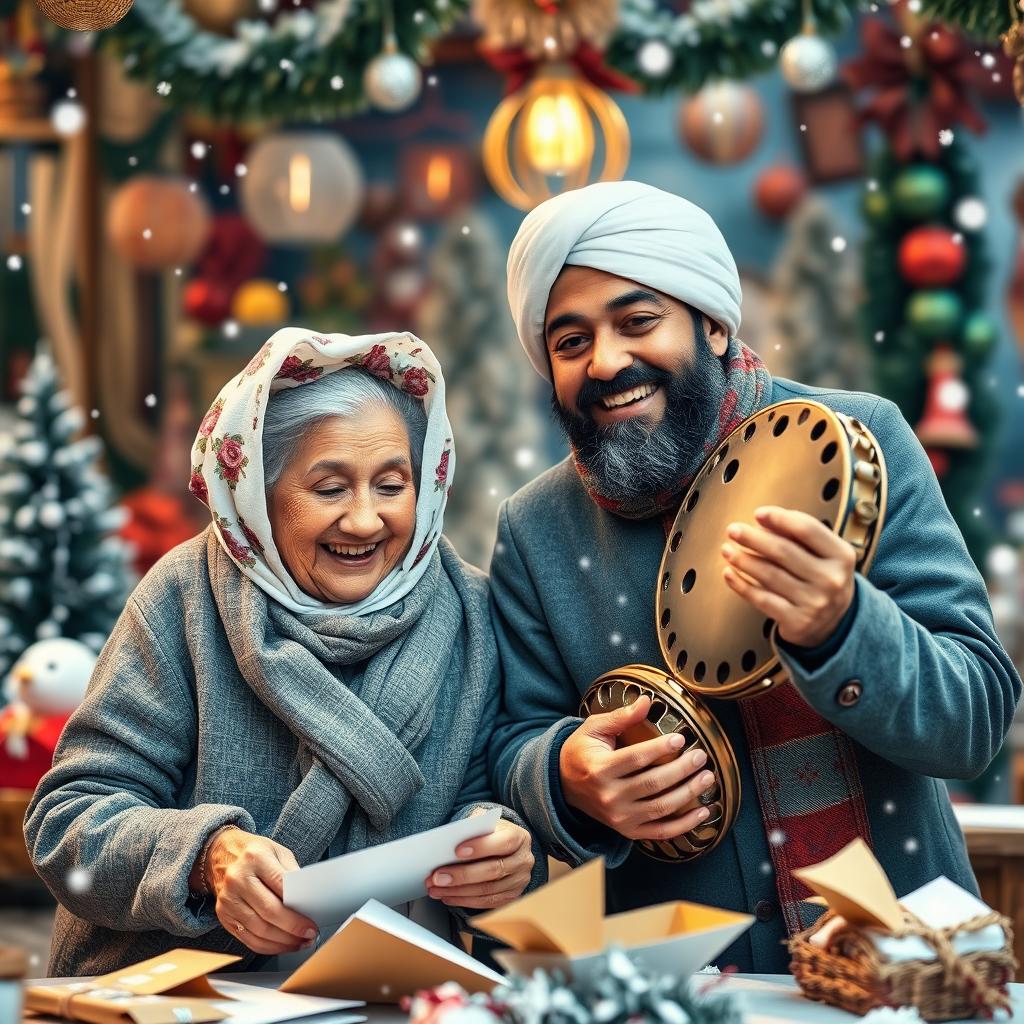 An elderly woman, resembling Grandma Winter, adorned with a floral white chador on her head, is happily opening envelopes alongside a youthful man resembling Haji Firouz, who is joyfully holding a jingling tambourine