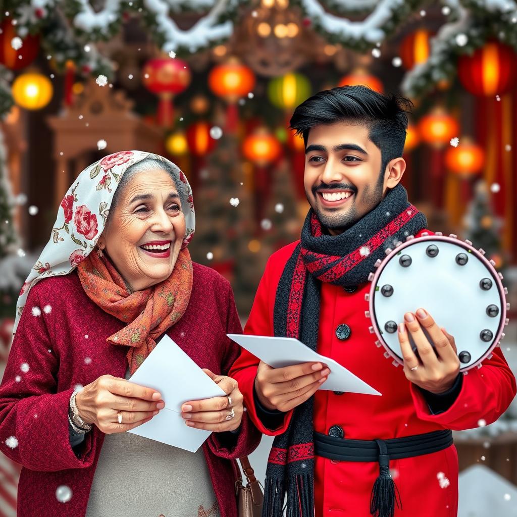 An elderly woman, resembling Grandma Winter, wearing a floral white chador on her head, is joyfully opening envelopes alongside a youthful man resembling Haji Firouz, dressed in a vibrant red outfit with a black scarf, holding a jingling tambourine