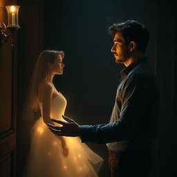 A captivating scene showcasing a man standing in a dimly lit room, gazing intently at a woman who appears to be a figment of his imagination or a reality