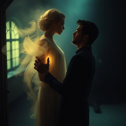 A captivating scene showcasing a man standing in a dimly lit room, gazing intently at a woman who appears to be a figment of his imagination or a reality