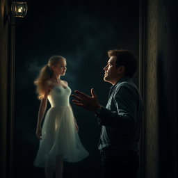 A captivating scene showcasing a man standing in a dimly lit room, gazing intently at a woman who appears to be a figment of his imagination or a reality