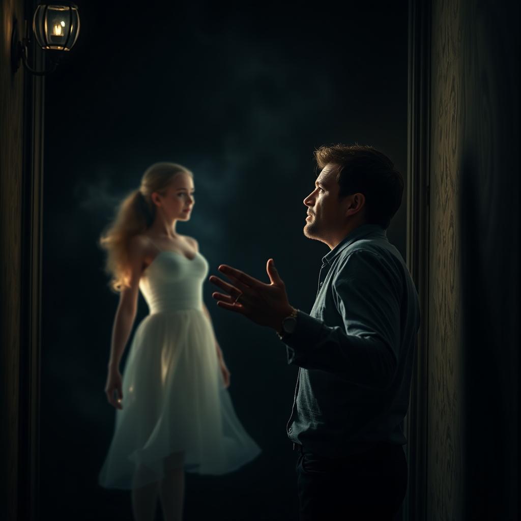 A captivating scene showcasing a man standing in a dimly lit room, gazing intently at a woman who appears to be a figment of his imagination or a reality