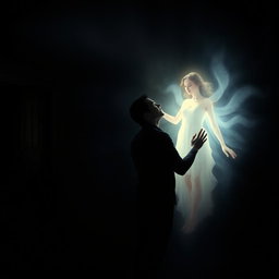 A captivating scene showcasing a man standing in a dimly lit room, gazing intently at a woman who appears to be a figment of his imagination or a reality