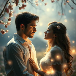 A mystical scene capturing the essence of a romance between a man and a woman, where the man is deeply puzzled about whether the woman is a dream or a reality