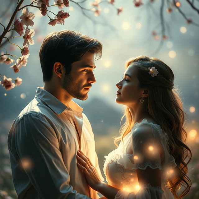 A mystical scene capturing the essence of a romance between a man and a woman, where the man is deeply puzzled about whether the woman is a dream or a reality