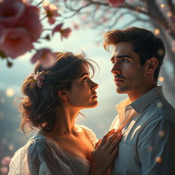A mystical scene capturing the essence of a romance between a man and a woman, where the man is deeply puzzled about whether the woman is a dream or a reality