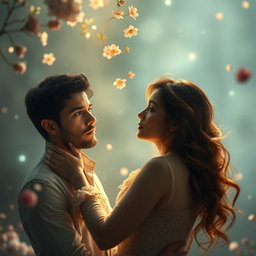 A mystical scene capturing the essence of a romance between a man and a woman, where the man is deeply puzzled about whether the woman is a dream or a reality