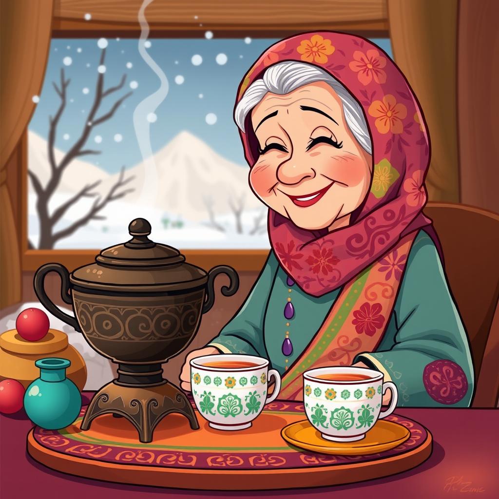 A cartoon scene featuring an elderly woman with a floral scarf on her head, sitting beside a coal samovar and pouring two cups of tea