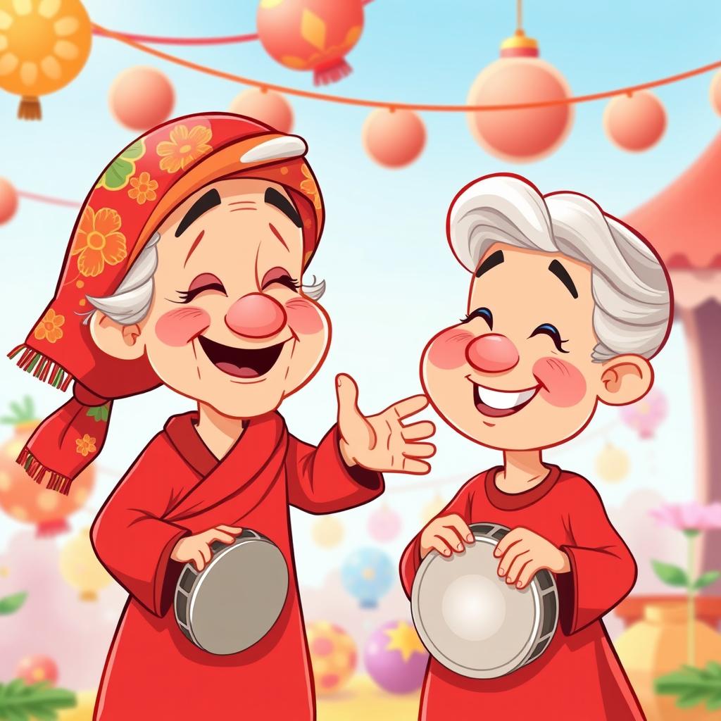 A whimsical cartoon scene featuring an old woman with a colorful floral scarf on her head, embodying the spirit of the traditional 'Nana' character