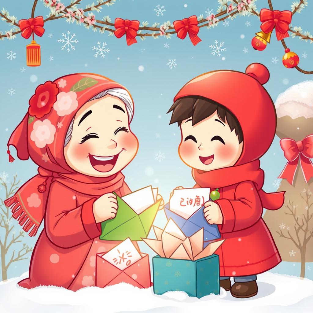 An illustration of a cartoon scene featuring a traditional old lady (ننه سرما) wearing a floral scarf on her head