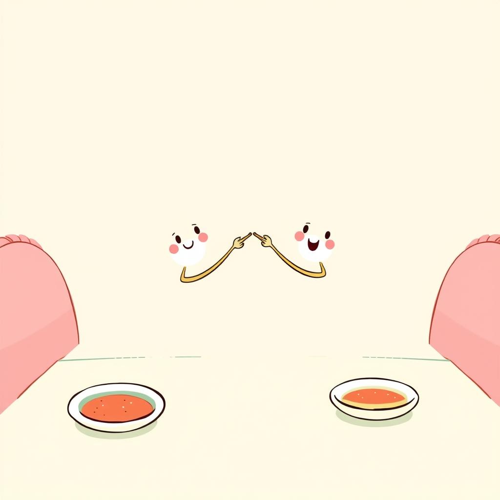 A charming scene featuring a pair of chopsticks grasping each other in a playful handshake, set against a macaron-colored dining table