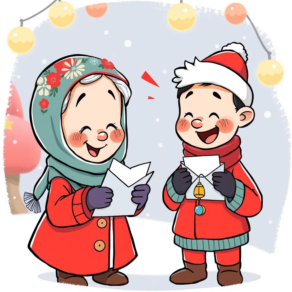 A cartoon illustration of ننه سرما, an old woman wearing a floral scarf on her head, interacting with حاجی فیروز, a young man dressed in a bright red outfit with jingling bells in his hands