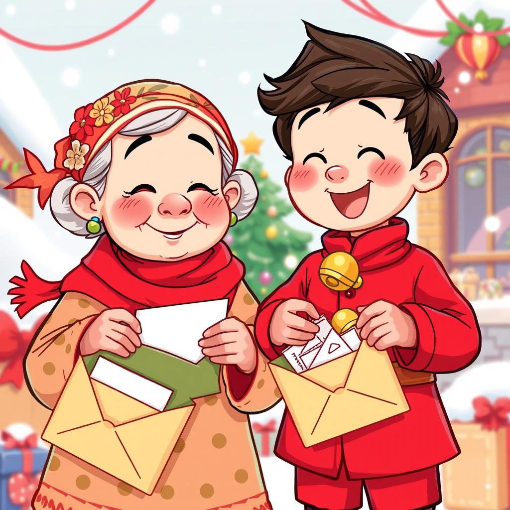 A vibrant cartoon depiction of ننه سرما, an elderly woman wearing a floral scarf on her head, and حاجی فیروز, a young man dressed in a bright red outfit adorned with jingling bells