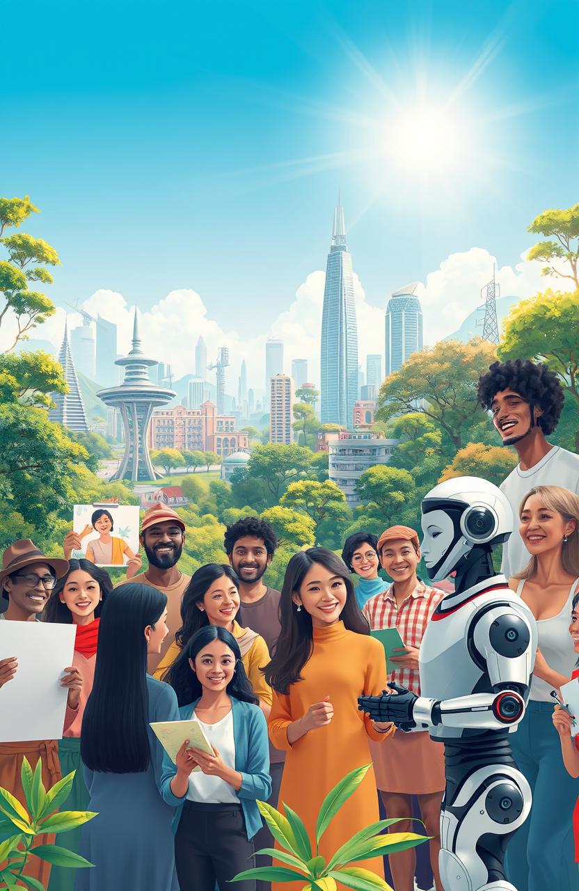 A hopeful visual representation of humanity's future with AI, depicting diverse groups of people from various cultures united in joy and collaboration