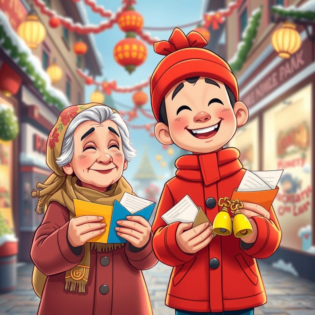 A lively cartoon scene showing ننه سرما, an elderly woman with a floral scarf on her head, alongside حاجی فیروز, a young man dressed in a bright red outfit with jingling bells in his hand