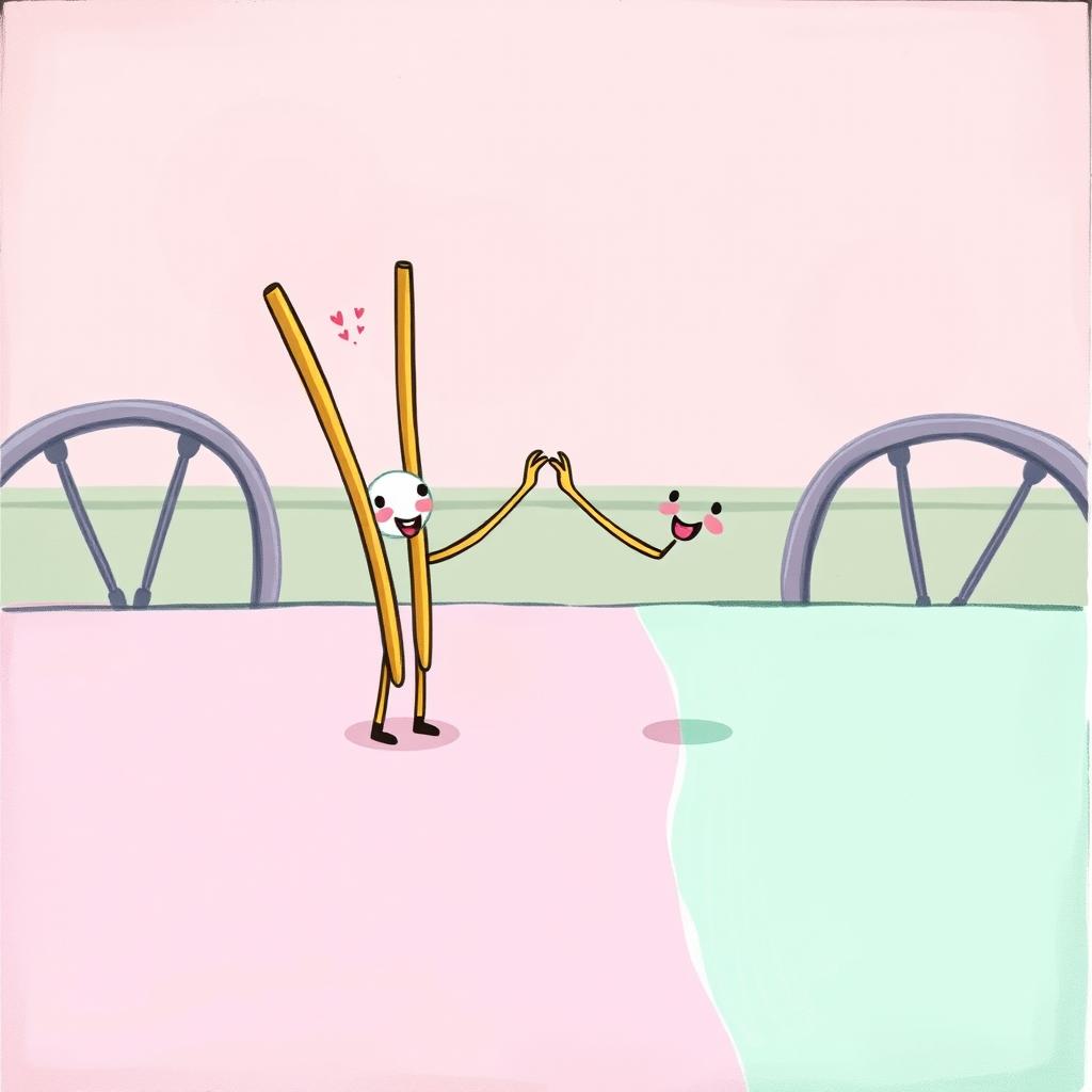 A delightful scene featuring a pair of chopsticks standing on a macaron-colored dining table, joyfully shaking hands with each other
