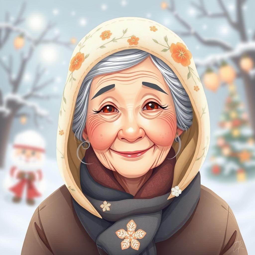 A charming illustration of ننه سرما, an elderly woman wearing a white floral scarf on her head